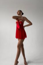 Kırmızı Saten Fiyonk Detaylı Babydoll Gecelik